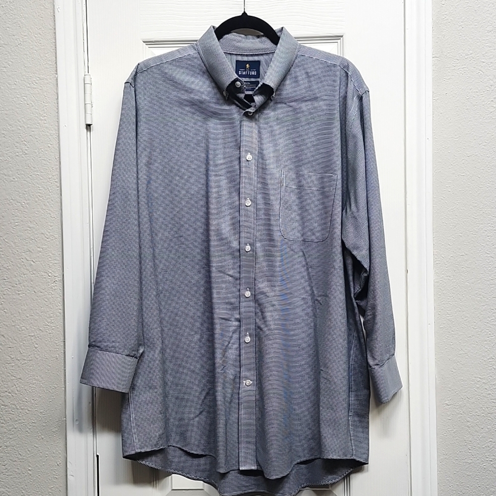 Stafford Navy/White Houndstooth Travel Dress Shirt, Size 17 (32-33)